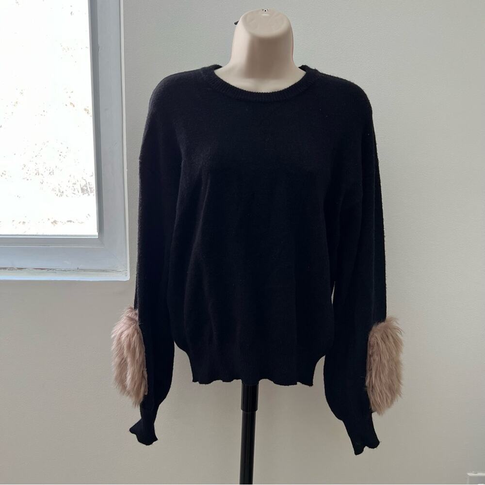 For The‎ Republic Faux Fur Cuff Sweater Knit Long Sleeve Top Black Small